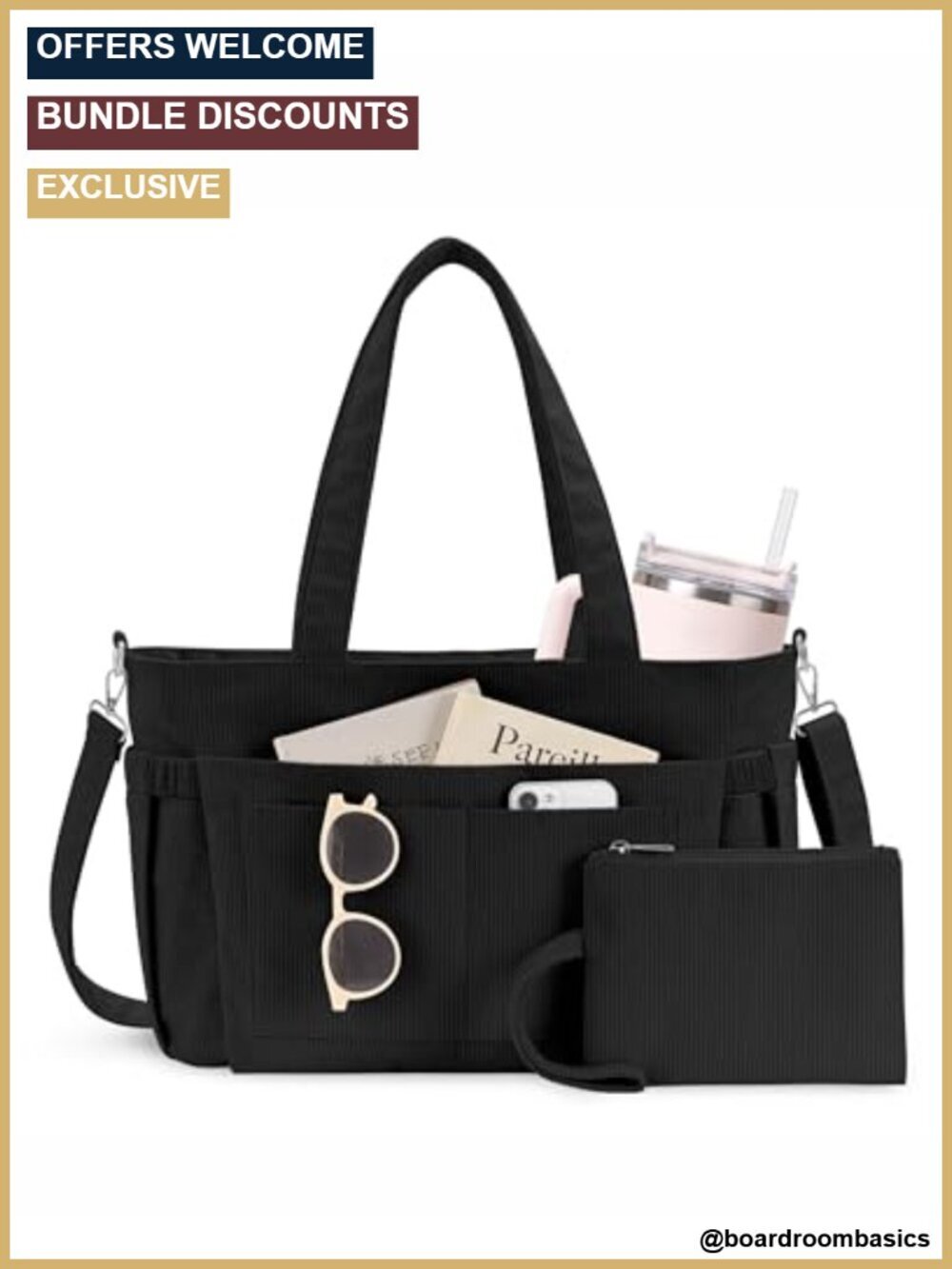 Corduroy Tote Bag with 9 Pockets & 40oz Cup Holder, Laptop Work Purse for